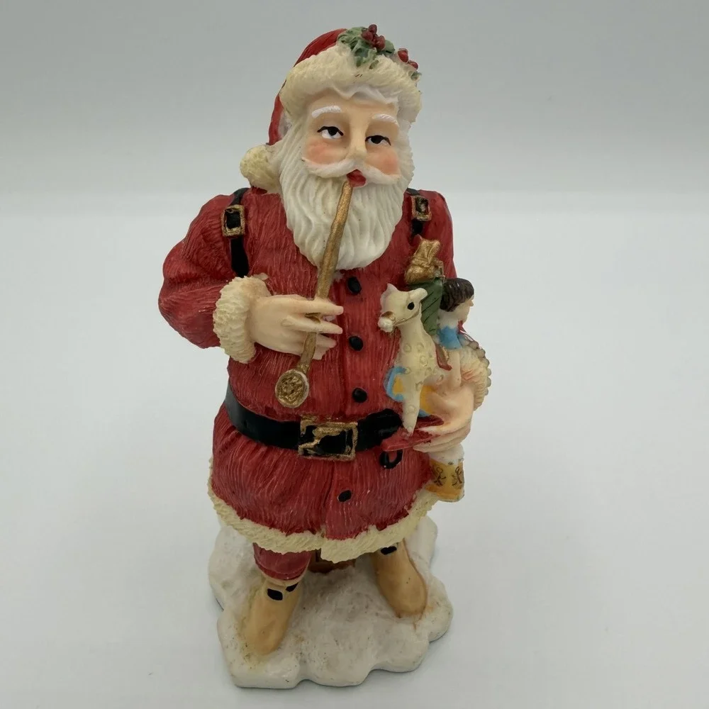 Vintage 1992 Santa Claus Figure‎ Holding Toys and Pipe on Chimney Base